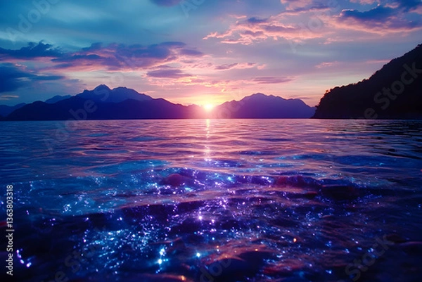 Fototapeta Vibrant sunset over calm ocean, mountains silhouetted against colorful sky