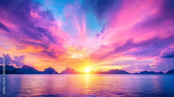 Fototapeta Vibrant sunset over calm ocean with colorful clouds