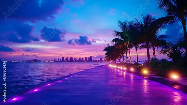 Fototapeta Vibrant sunset over cityscape, palm trees line illuminated waterfront path
