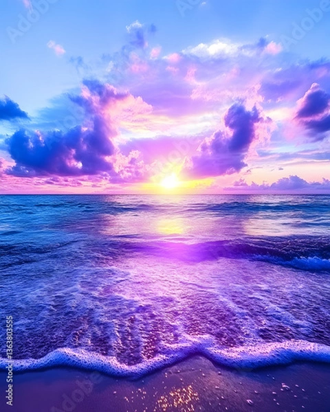 Fototapeta Vibrant sunset over tranquil ocean waves on a sandy beach