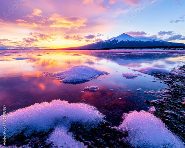 Fototapeta Vibrant sunset reflecting on calm lake with snow patches and a majestic mountain in the background