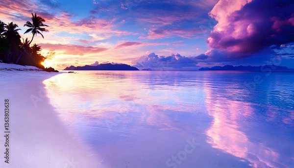 Fototapeta Vibrant sunset reflecting on tranquil ocean beach