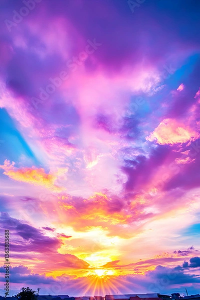 Fototapeta Vibrant sunset with colorful clouds and sun rays