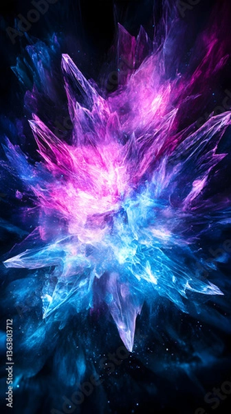 Fototapeta Vibrant, swirling, crystalline explosion of pink and blue light against a black background
