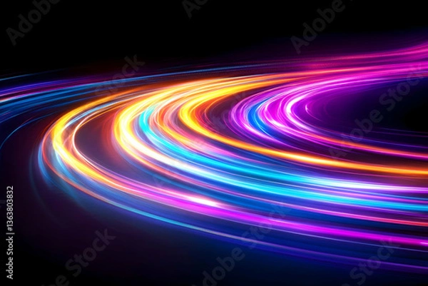 Fototapeta Vibrant, swirling light trails curve across a dark background