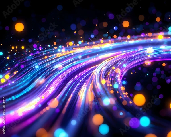 Fototapeta Vibrant, swirling light trails with bokeh effect on black background
