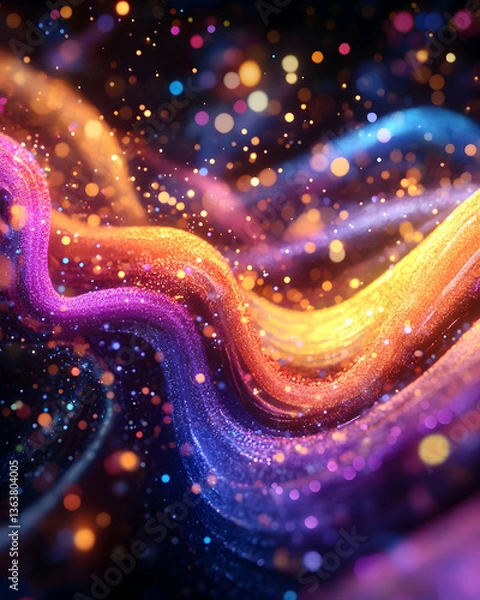 Fototapeta Vibrant, swirling, luminous strands with glittering particles in a dark space