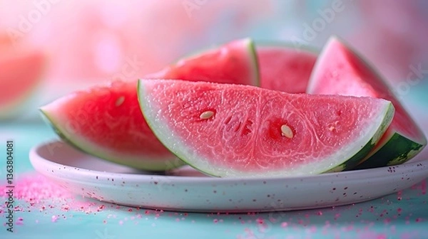 Fototapeta Delicious Slices of Watermelon on a Plate with Pink Accents, a Summery and Refreshing Fruity Treat.