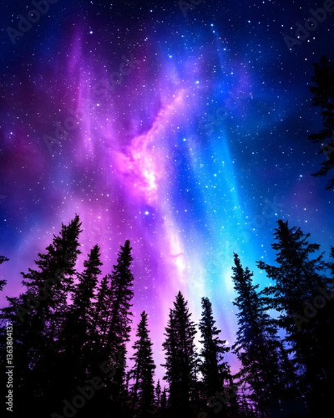 Fototapeta Vibrant aurora borealis lights illuminate a night sky above a dark coniferous forest