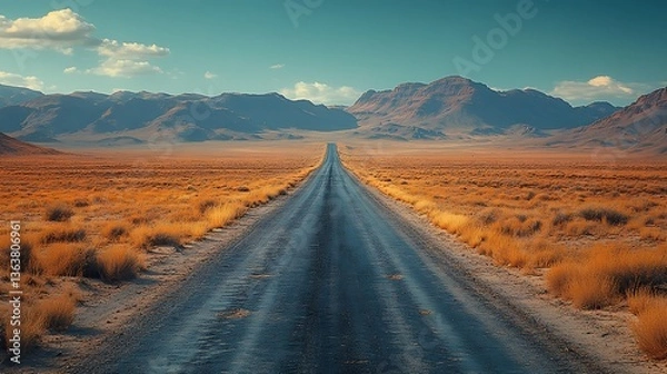 Fototapeta Dramatic perspective of a solitary road stretching through an arid landscape towards distant mountains.