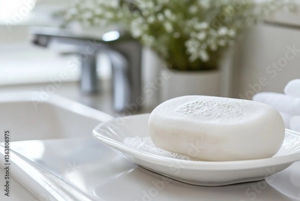 Obraz White soap bar with suds in a modern bathroom setting  