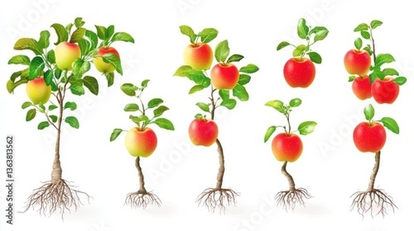 Obraz Apple tree growth stages, root to fruit, white background, orchard setting, agricultural use