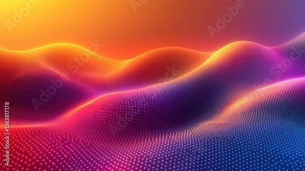 Fototapeta Abstract Vibrant Landscape:  A Digital Art Piece Featuring a Wavelike Formation of Vivid Colors and Glowing Points.
