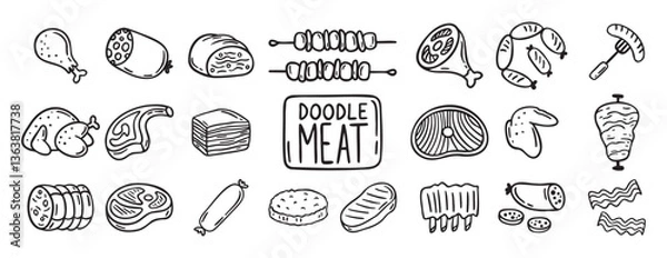 Fototapeta meat, pieces of meat and meat products doodle hand drawn icon set. Outline drawing meat products line clipart symbol collection