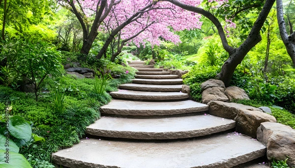 Obraz Stone steps ascend through a lush garden, framed by blooming pink trees and vibrant greenery