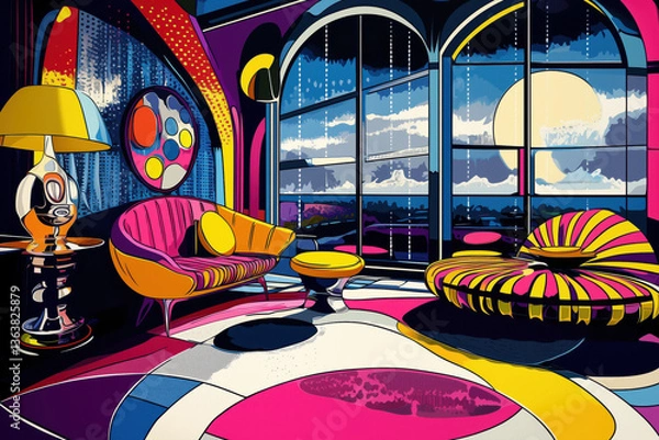 Fototapeta Retro Futuristic living room interior design that is plush, mod, colorful and cool, stylish unique bright vibrant cartoon illustration in Googie architecture art  tomorrowland style
