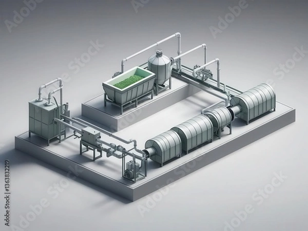 Fototapeta BCG bioeconomy concept. A detailed industrial setup featuring pipes, tanks, and machinery arranged for processing or manufacturing.