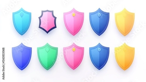 Fototapeta Colorful shield icons; security, protection, design elements; white background; web design