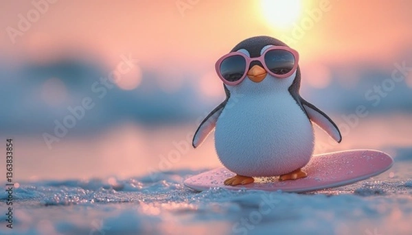 Obraz Cool Penguin Surfer at Sunset