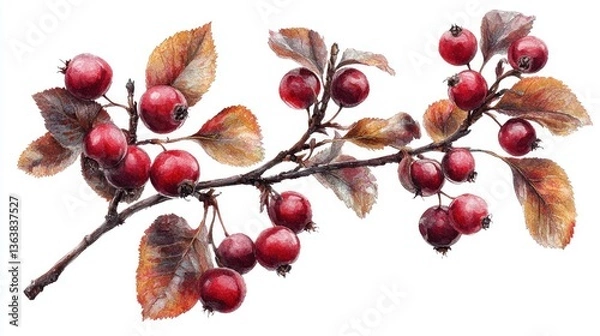 Obraz Autumnal Branch with Red Berries Watercolor Painting