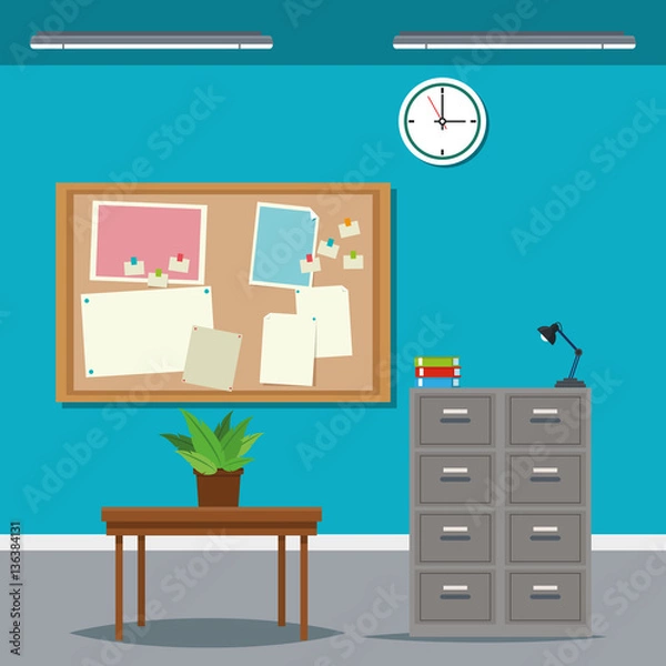 Fototapeta work time desk table cabinet file clock plant vector illustration