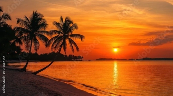 Obraz Tropical Beach Sunset with Palm Trees