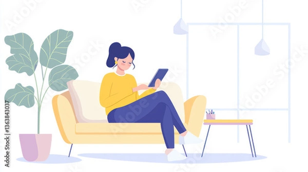Fototapeta A woman in minimalist workspace sitting on lounge sofa while casually checking phone with blank screen