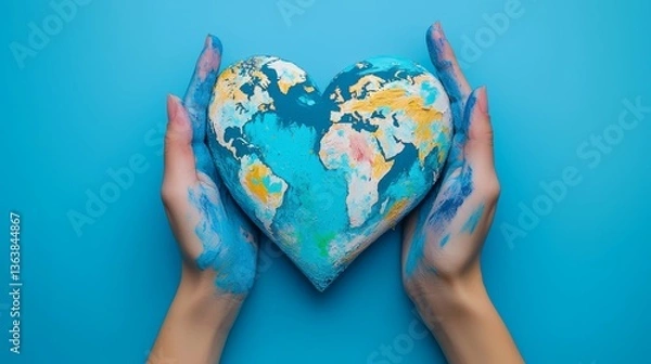 Fototapeta Closeup of female hands covered in world map paint, forming a heart sign, clean blue background, detailed continents, smooth blending