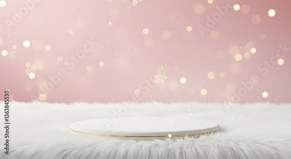 Obraz podium stand on a pink background and fur rug layout for product display
