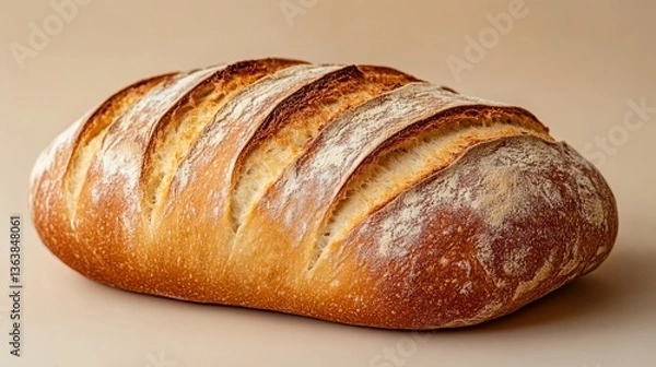 Fototapeta Freshly baked bread loaf on a beige background showcasing its golden crust and soft interior while highlighting traditional baking techniques
