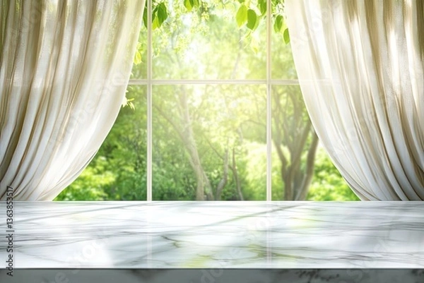 Fototapeta Empty marble tabletop in front of a window with sheer curtains,  featuring a lush green garden view