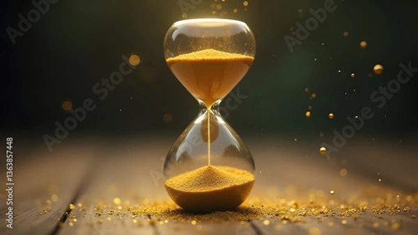 Obraz Gold flecks ascend against sand flow in hourglass. Waist becomes battleground. Lower chamber collects golden anomalies.