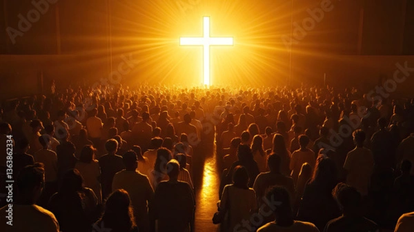 Fototapeta A vast congregation bathed in golden light, gazing upon a radiant cross symbolizing hope and faith, in a powerful display of unity and spiritual devotion.