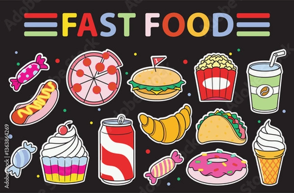Fototapeta colorful fast food stickers. pizza, burger, taco, hot dog, cupcake, ice cream, candy, croissant, coffee, soda, donut. cute drink and snack print vector