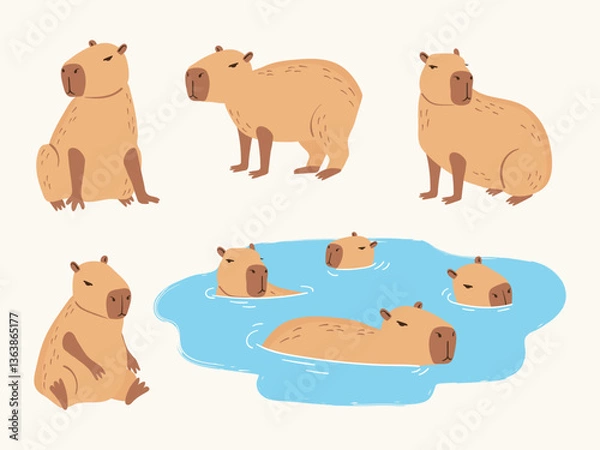 Obraz Capybara cute set. Vector illustration of cartoon swimming capybaras