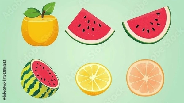 Fototapeta Juicy summer fruits watermelon, orange, lemon, and grapefruit slices. Ideal for healthy eating and refreshment