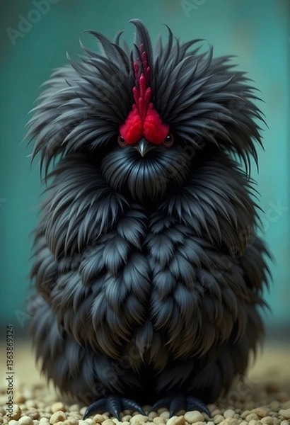 Fototapeta Close-Up of a Silkie Chicken with Fluffy Crest Feathers – Exotic Farm Bird Portrait, bird, poultry, feathers, fluffy, exotic bird, farm animal, close-up, crest feathers, unique chicken, farm bird
