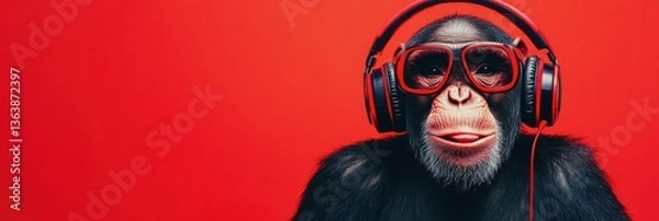 Fototapeta Chimpanzee with headphones hosts podcast in a photorealistic scene with vibrant background