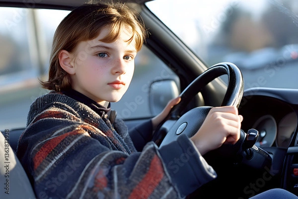 Fototapeta First Taste of Freedom: Young Driver Navigates the Open Road with Confidence and Caution in a Modern Vehicle