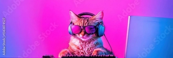 Obraz Cat with headphones editing audio at a desk in a colorful studio environment