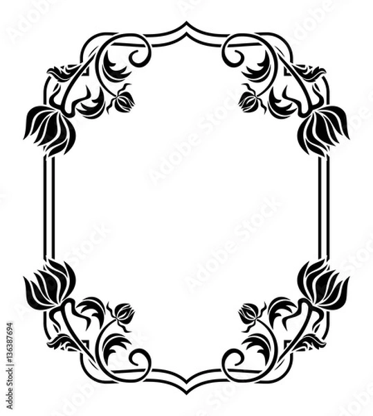 Obraz Black and white frame with flowers silhouettes. Raster clip art.