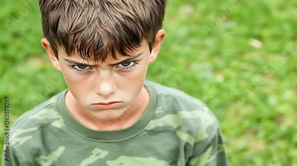 Obraz Angry boy in camouflage shirt outdoors.