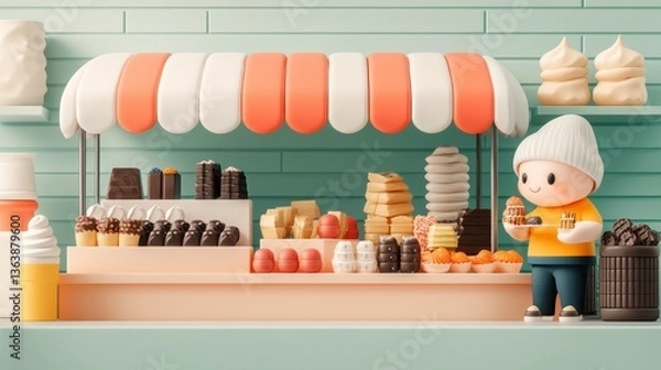 Fototapeta Cute Cartoon Character at Pastel Candy Stand 3D Render
