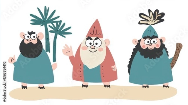 Obraz Cartoon Figures On Beige Background With Palm Trees