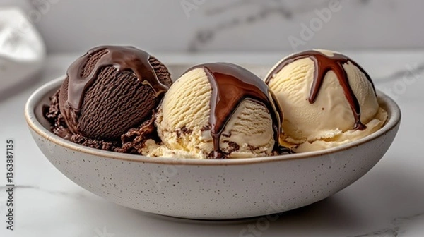 Fototapeta Indulging in three delightful ice cream scoops topped with luscious chocolate syrup in a charming oval bowl