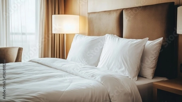 Obraz Warm and inviting hotel room with a contemporary design. Comfortable bed with fluffy pillows, a bedside table, and a lamp casting a soft glow. Copy space available.