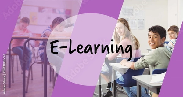 Fototapeta Image of e-learning text over schoolchildren in classroom