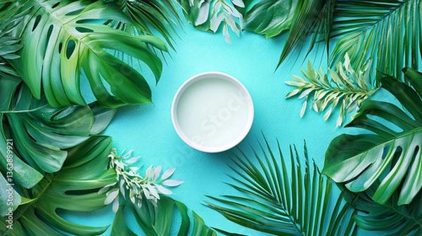 Fototapeta Tropical leaves frame bowl of milk; turquoise background; healthy drink concept