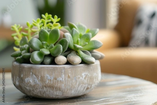 Obraz A close-up shot of lithops arranged in a stylish, modern decorative pot on a stylish coffee table, with subtle diffused light.