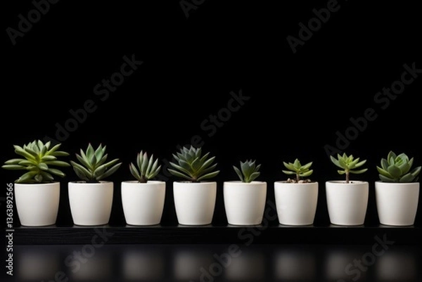 Obraz A minimalist composition of several succulents in uniform white pots arranged in a neat row on a matte black background,
